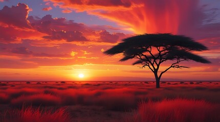 Vibrant African Sunset with Dramatic Red and Orange Sky, Silhouetted Acacia Tree, and Serene Savannah Landscape Showcasing the Beauty of Nature's Golden Hour

