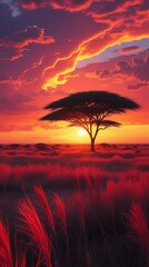 Vibrant African Sunset with Dramatic Red and Orange Sky, Silhouetted Acacia Tree, and Serene Savannah Landscape Showcasing the Beauty of Nature's Golden Hour

