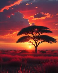 Vibrant African Sunset with Dramatic Red and Orange Sky, Silhouetted Acacia Tree, and Serene Savannah Landscape Showcasing the Beauty of Nature's Golden Hour

