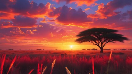 Vibrant African Sunset with Dramatic Red and Orange Sky, Silhouetted Acacia Tree, and Serene Savannah Landscape Showcasing the Beauty of Nature's Golden Hour

