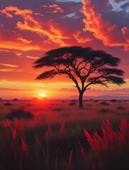 Vibrant African Sunset with Dramatic Red and Orange Sky, Silhouetted Acacia Tree, and Serene Savannah Landscape Showcasing the Beauty of Nature's Golden Hour

