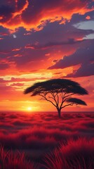 Vibrant African Sunset with Dramatic Red and Orange Sky, Silhouetted Acacia Tree, and Serene Savannah Landscape Showcasing the Beauty of Nature's Golden Hour

