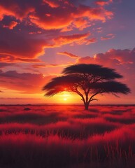 Vibrant African Sunset with Dramatic Red and Orange Sky, Silhouetted Acacia Tree, and Serene Savannah Landscape Showcasing the Beauty of Nature's Golden Hour

