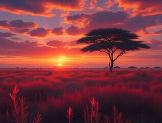 Vibrant African Sunset with Dramatic Red and Orange Sky, Silhouetted Acacia Tree, and Serene Savannah Landscape Showcasing the Beauty of Nature's Golden Hour

