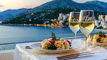 Romantic Dinner Setting with Scenic View of Mountains and Water