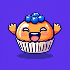 A cheerful, cartoonish cupcake character with blue berries, set against a vibrant purple background, exuding joy and sweetness.