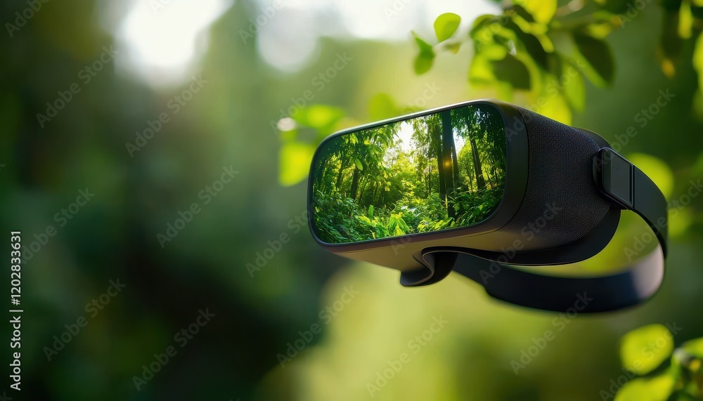 Poster advanced virtual reality goggles concept. virtual reality headset displaying a lush forest scene ami