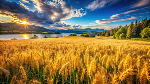 Ripening Wheat Field, Mjosa Lake, Summer Hedmark Norway Landscape