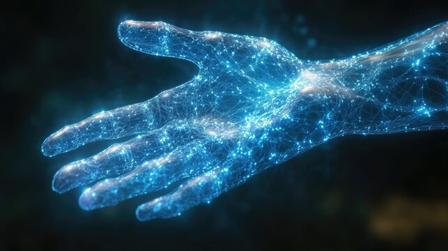 A glowing, digital representation of a hand, symbolizing technology and human interaction.