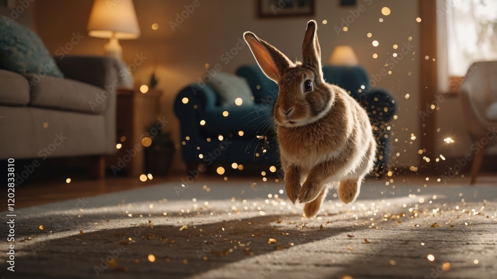 Poster A playful rabbit leaps through a room filled with sparkling light.