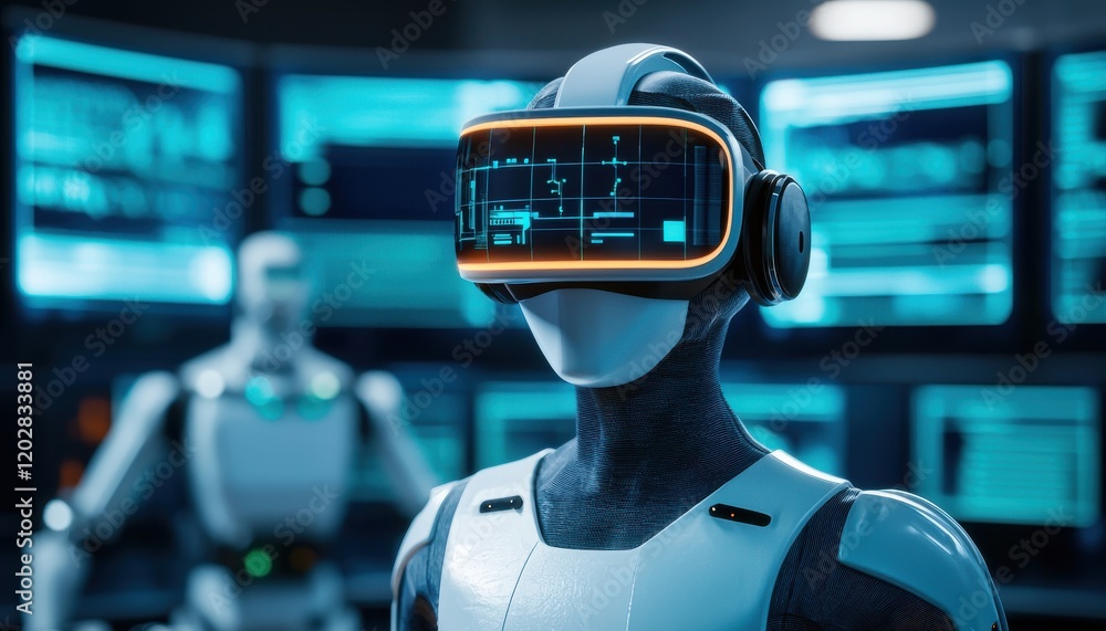 Poster advanced virtual reality goggles concept. a futuristic robot wearing a vr headset in a tech-savvy en