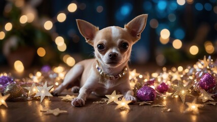 A charming Chihuahua surrounded by festive decorations and warm lights.
