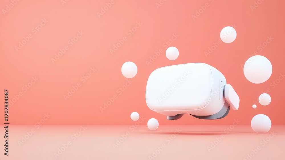 Poster advanced virtual reality goggles concept. virtual reality headset floating against a soft peach back
