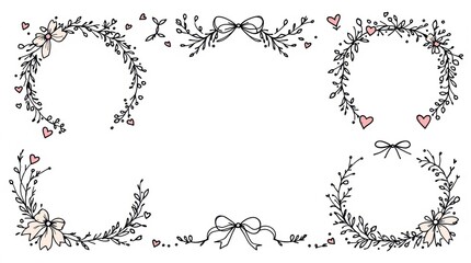 Obraz premium Hand-drawn floral frames with pink hearts and simple bows for decoration