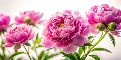 Obraz premium Miniature peony blooms, isolated on white, showcased in a close-up tilt-shift macro photograph.