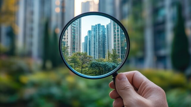 Magnifying glass in hand - urban exploration, cityscape, real estate, residential area, apartment building, green space, home search, realtor concept, rental sale, detailed inspection, living space.