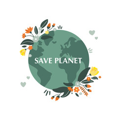 Green planet Earth in flat design on white background. Save the planet, save the earth, save the world. Vector illustration.