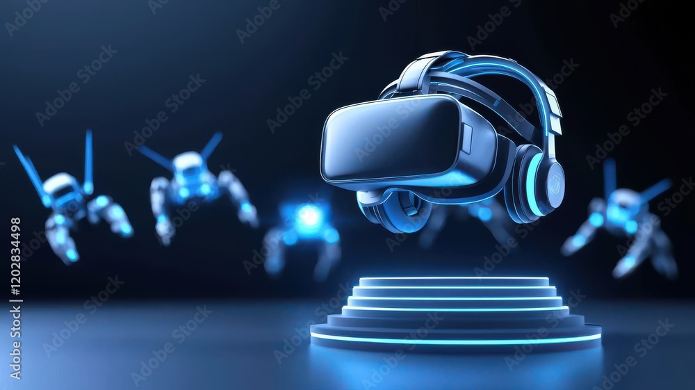Poster advanced virtual reality goggles concept. futuristic virtual reality headset with robotic elements, 