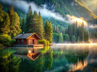 Fototapeta premium Misty mountain lake, sunrise bokeh. Peaceful cabin retreat.
