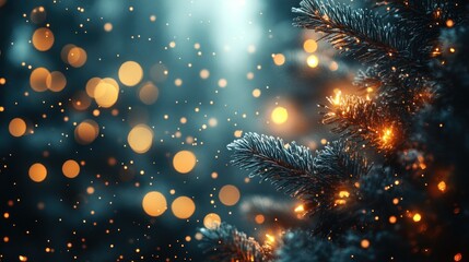Enchanting Christmas tree branches adorned with glowing lights, set against a dreamy winter backdrop