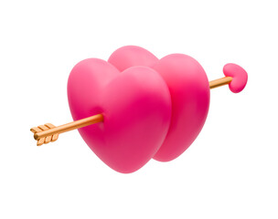 Two 3D pink hearts with golden arrow love icon. Two realistic vector balloon hearts piercing cupid arrow. Cute symbol of love, romantic concept, loving couple relationship element isolated on white