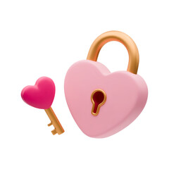 3D pink heart shaped lock and golden key with heart on top. Closed Heart padlock love icon. Realistic wedding concept, valentines day symbol, Romantic Protection, Safety Security sign on white