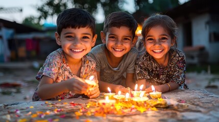 Happy children celebrating Diwali with candles, rural India, nighttime.  Use Holiday card, blog post