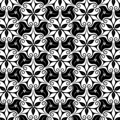Elegant black and white seamless floral ornament pattern with intricate curves and decorative motifs.