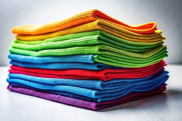 Vibrant microfiber cloths, stacked high, urban exploration aesthetic.