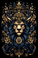 A lion with a crown of flowers on its head. The lion is surrounded by flowers and leaves, giving it a regal and majestic appearance