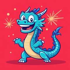 Fototapeta premium A cheerful cartoon dragon with vibrant colors and a playful expression, set against a bright red background with sparkles.