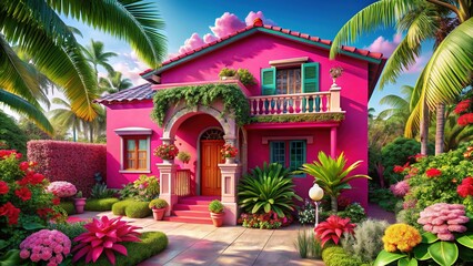 Whimsical Pink Tropical House Art:  Bright, Sharp, Detailed Illustration
