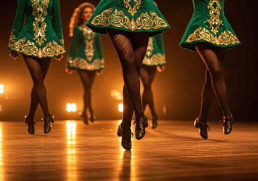 Energetic irish dancers in green outfits perform traditional dance routine on stage