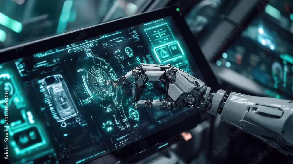 Poster a modern robotic arm assembling small components on a car dashboard.