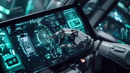 Fototapeta premium A modern robotic arm assembling small components on a car dashboard.