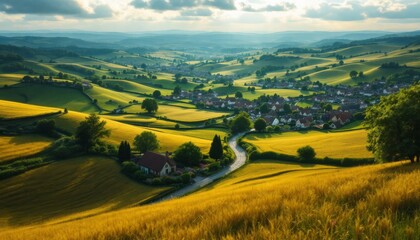 Fototapeta premium Serene Village nestled in rolling green hills and golden fields