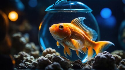 A vibrant goldfish swimming in a glass bowl surrounded by decorative stones.