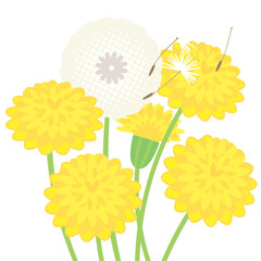 タンポポが綿毛を飛ばす場面のベクターイラスト