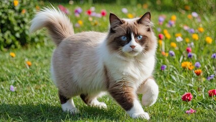 Chocolate point ragdoll cat in flower field