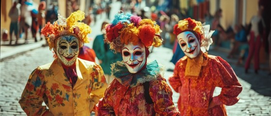 A grinning masked figure captures the essence of cultural celebration with a vibrant, intricate costume and joyful energy.