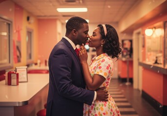 Romantic couple embracing in retro diner setting for a timeless love story