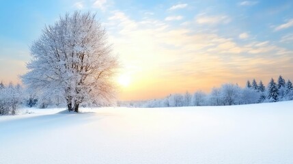 Obraz premium Frosty sunrise over snow-covered field, winter landscape