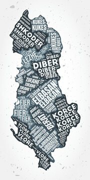 Albania regions word clouds. Country shape on textured background. Albania design in typographic style. Artistic vector illustration.