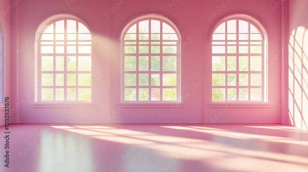 Poster 3d render of a dance studio with three large windows in soft pastel colors, sunlight shining through
