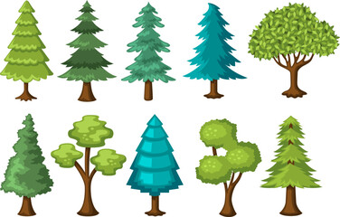Collection of Cartoon Trees with Various Shapes and Colors