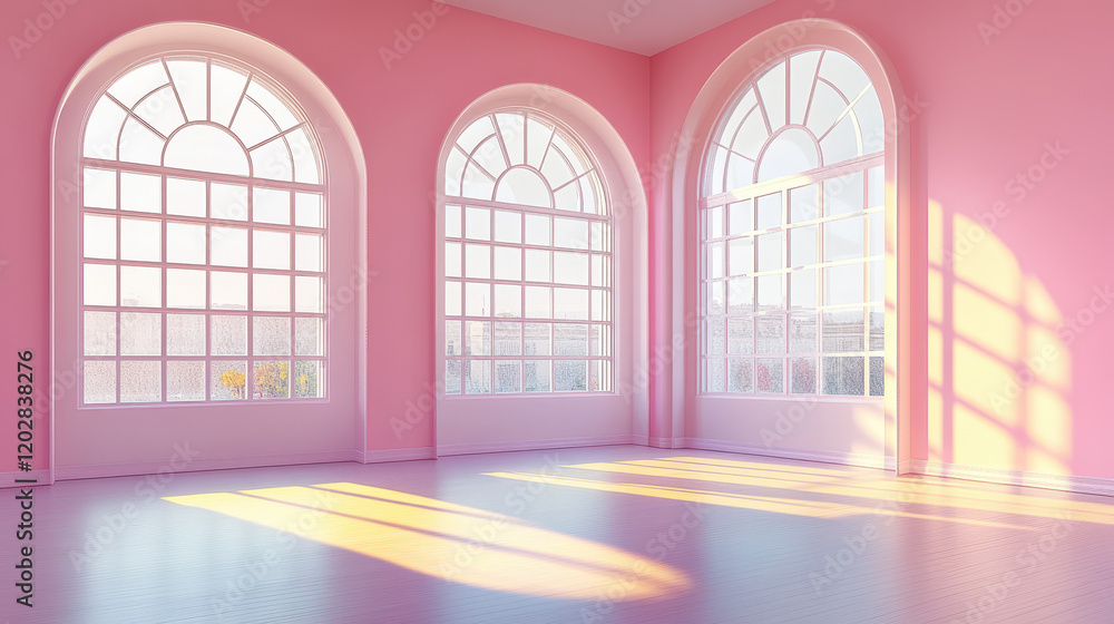 Poster 3d render of a dance studio with three large windows in soft pastel colors, sunlight shining through