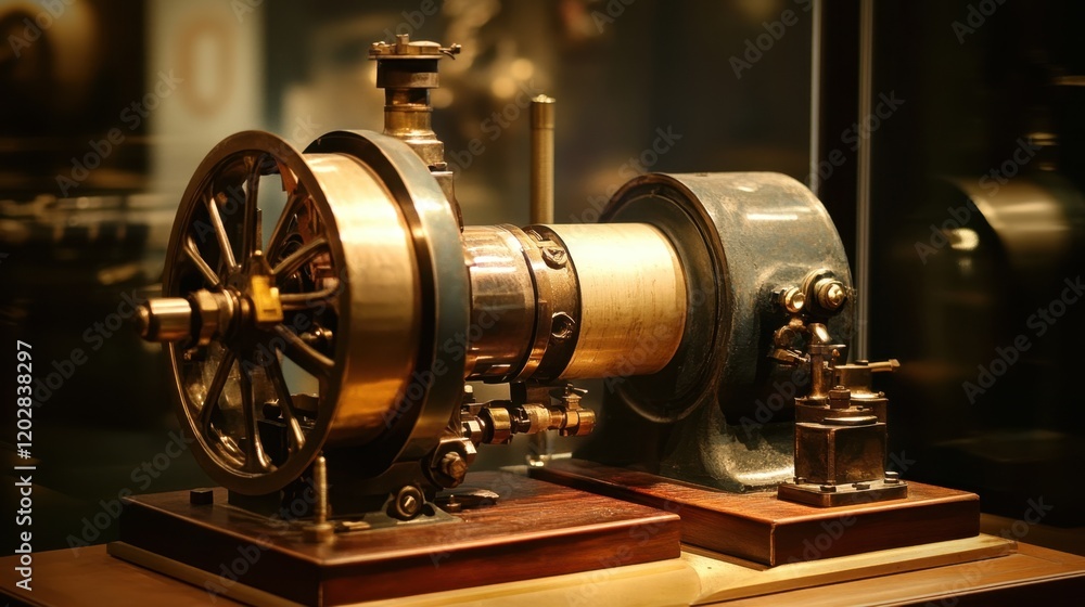 Poster a vintage generator model on display in a museum setting with soft lighting.