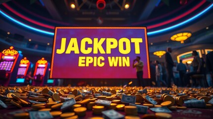 A vibrant casino scene featuring a glowing jackpot display with piles of money and excited patrons celebrating their epic win.