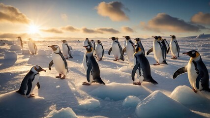 A group of penguins on icy terrain during sunset, showcasing their natural habitat.