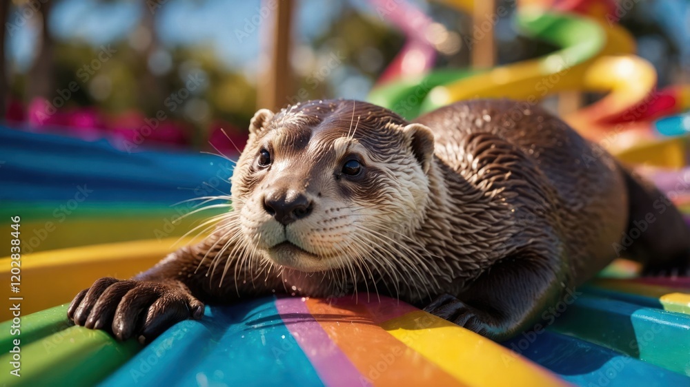 Poster an otter lounging on a colorful slide in a playful water park setting.